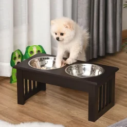 Gamelle double chien chat Porte-gamelles surélevé dim. 44L x 24l x 15H cm 2 gamelles acier inox. incluses MDF