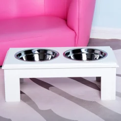 Gamelle double chien chat Porte-gamelles surélevé dim. 44L x 24l x 15H cm 2 gamelles acier inox. incluses MDF