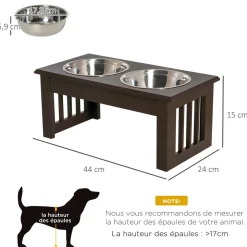 Gamelle double chien chat Porte-gamelles surélevé dim. 44L x 24l x 15H cm 2 gamelles acier inox. incluses MDF