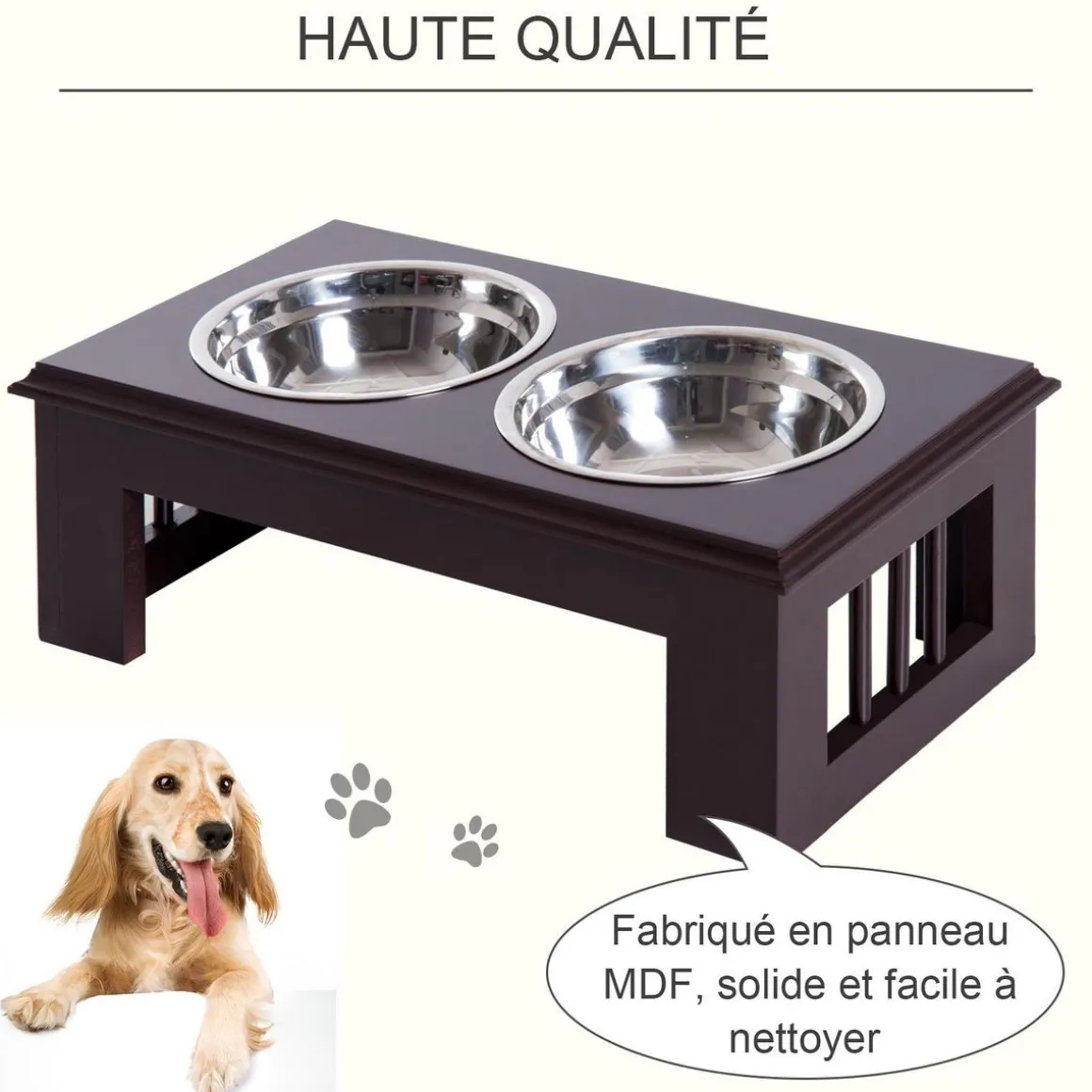 Gamelle double chien chat Porte-gamelles surélevé dim. 44L x 24l x 15H cm 2 gamelles acier inox. incluses MDF