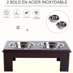 Gamelle double chien chat Porte-gamelles surélevé dim. 44L x 24l x 15H cm 2 gamelles acier inox. incluses MDF