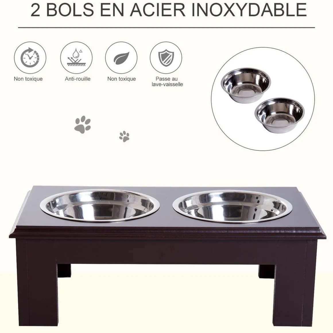Gamelle double chien chat Porte-gamelles surélevé dim. 44L x 24l x 15H cm 2 gamelles acier inox. incluses MDF