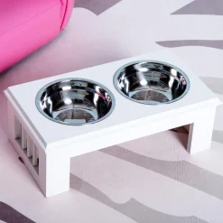 Gamelle double chien chat Porte-gamelles surélevé dim. 44L x 24l x 15H cm 2 gamelles acier inox. incluses MDF