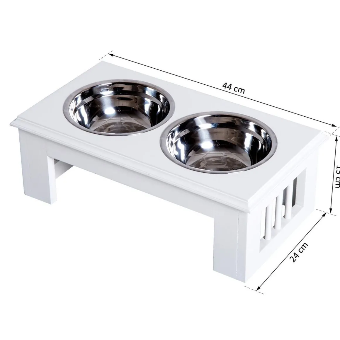 Gamelle double chien chat Porte-gamelles surélevé dim. 44L x 24l x 15H cm 2 gamelles acier inox. incluses MDF