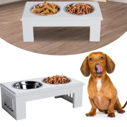 Gamelle double chien chat Porte-gamelles surélevé dim. 44L x 24l x 15H cm 2 gamelles acier inox. incluses MDF