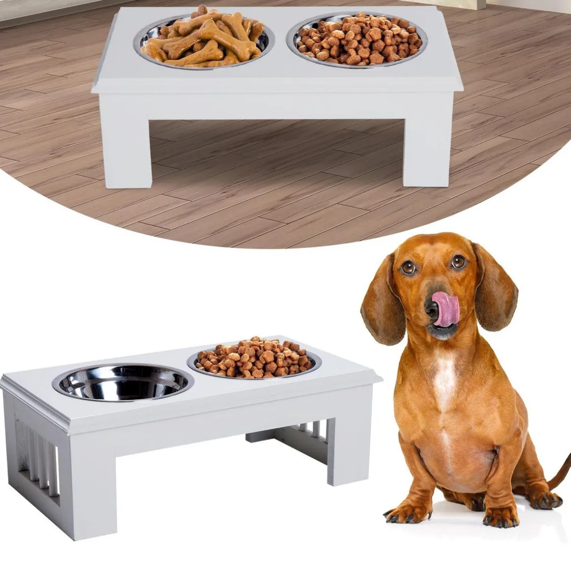 Gamelle double chien chat Porte-gamelles surélevé dim. 44L x 24l x 15H cm 2 gamelles acier inox. incluses MDF
