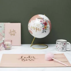Globe Terrestre Déco Girly 29cm Blanc & Rose