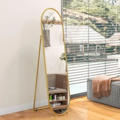 Grand miroir sur pied - miroir mural ovale avec support - dim. 40L x 160H cm - métal doré