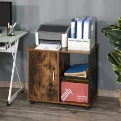 HOMCOM Support d'imprimante - caisson organiseur bureau - placard porte, 2 niches, grand plateau - panneaux particules coloris boisé métal noir