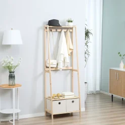 HOMCOM Vestiaire d'entrée porte-manteau 4 patères 2 tiroirs polyester gris clair 2 étagères bois de sapin