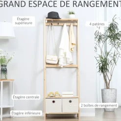 HOMCOM Vestiaire d'entrée porte-manteau 4 patères 2 tiroirs polyester gris clair 2 étagères bois de sapin