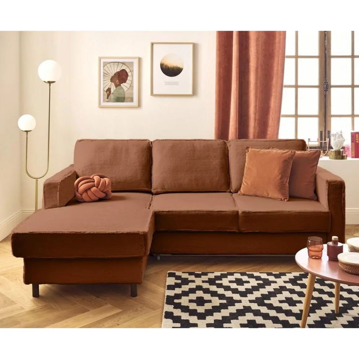 Jake - canapé d'angle gauche 4 places convertible avec coffre en fausse fourrure