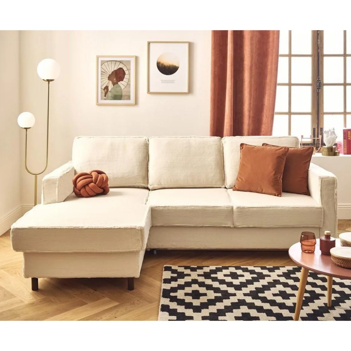 Jake - canapé d'angle gauche 4 places convertible avec coffre en fausse fourrure