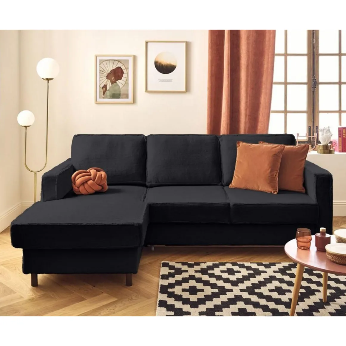 Jake - canapé d'angle gauche 4 places convertible avec coffre en fausse fourrure