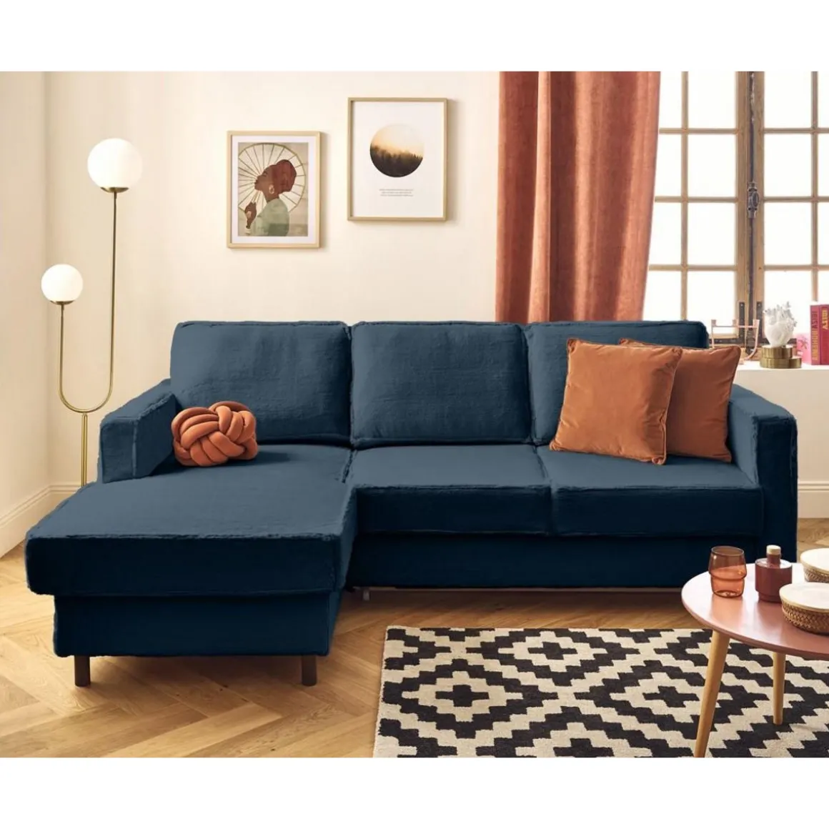 Jake - canapé d'angle gauche 4 places convertible avec coffre en fausse fourrure