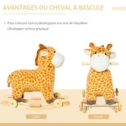 Jouet à bascule girafe et porteur sur roulettes 2 en 1 fonction sonore mugissement bois peuplier peluche courte polyester tacheté