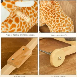 Jouet à bascule girafe et porteur sur roulettes 2 en 1 fonction sonore mugissement bois peuplier peluche courte polyester tacheté