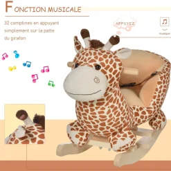 Jouet à bascule modèle girafon ceinture de sécurité fonction musicale 32 pistes marron beige