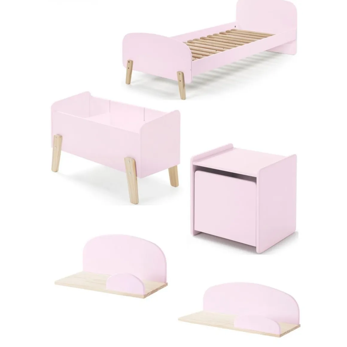 KIDDY Rose Lit simple ave sommier + Chevet + Etagères 45cm et 65cm + Coffre à jouets