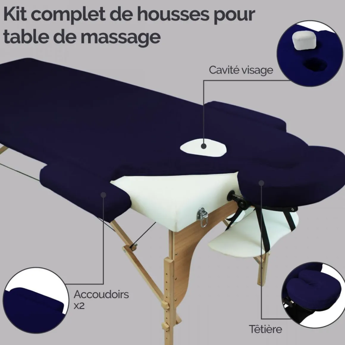 Kit complet de housses pour table de massage - Éponge - Bleu marine