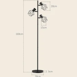 Lampadaire design industriel 3 ampoules max. 40W H.169 cm abat-jour cage métal noir