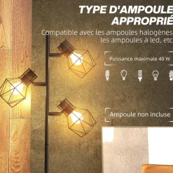 Lampadaire design industriel 3 ampoules max. 40W H.169 cm abat-jour cage métal noir