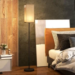 Lampadaire droit style contemporain H.161 cm métal noir abat-jour beige effet lin