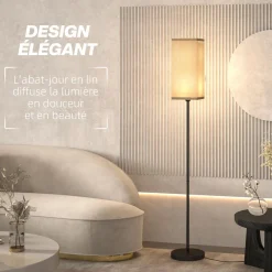 Lampadaire droit style contemporain H.161 cm métal noir abat-jour beige effet lin