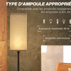 Lampadaire droit style contemporain H.161 cm métal noir abat-jour beige effet lin