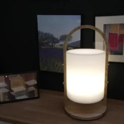 Lanterne LED Woody - LUMISKY - Blanc - Design scandinave - Poignée en bois naturel - Autonomie 10h