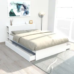 Lit 140 x 190 cm avec tête étagère et 2 tiroirs lit ALGA