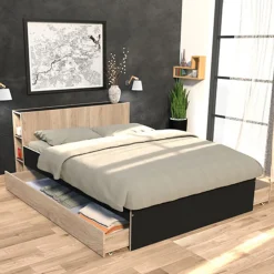 Lit 140 x 190 cm avec tête étagère et 2 tiroirs lit ALGA