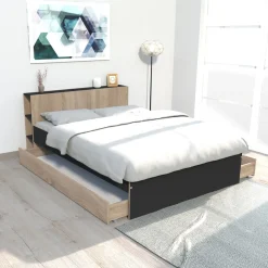 Lit 140 x 190 cm avec tête étagère et 2 tiroirs lit ALGA