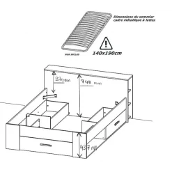 Lit 140 x190 cm avec tête de lit et rangements ILIAN
