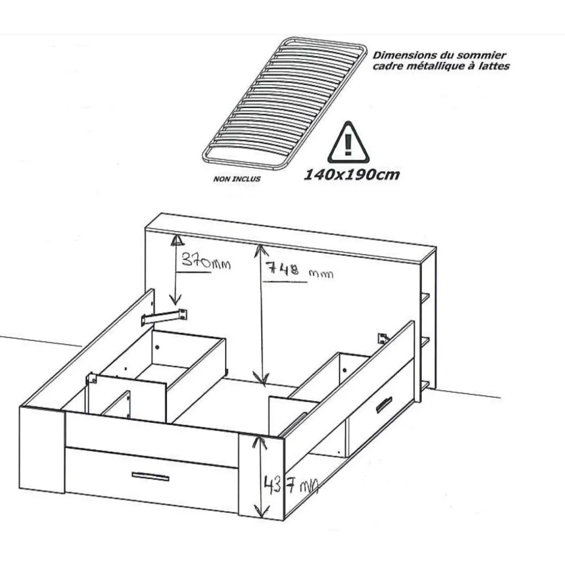 Lit 140 x190 cm avec tête de lit et rangements ILIAN