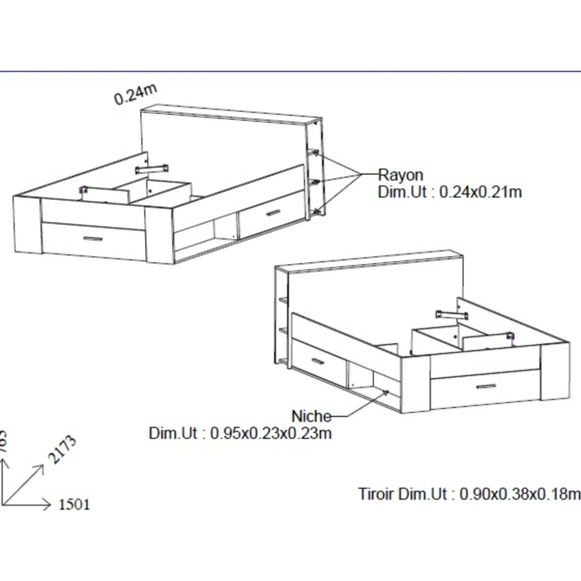 Lit 140 x190 cm avec tête de lit et rangements ILIAN