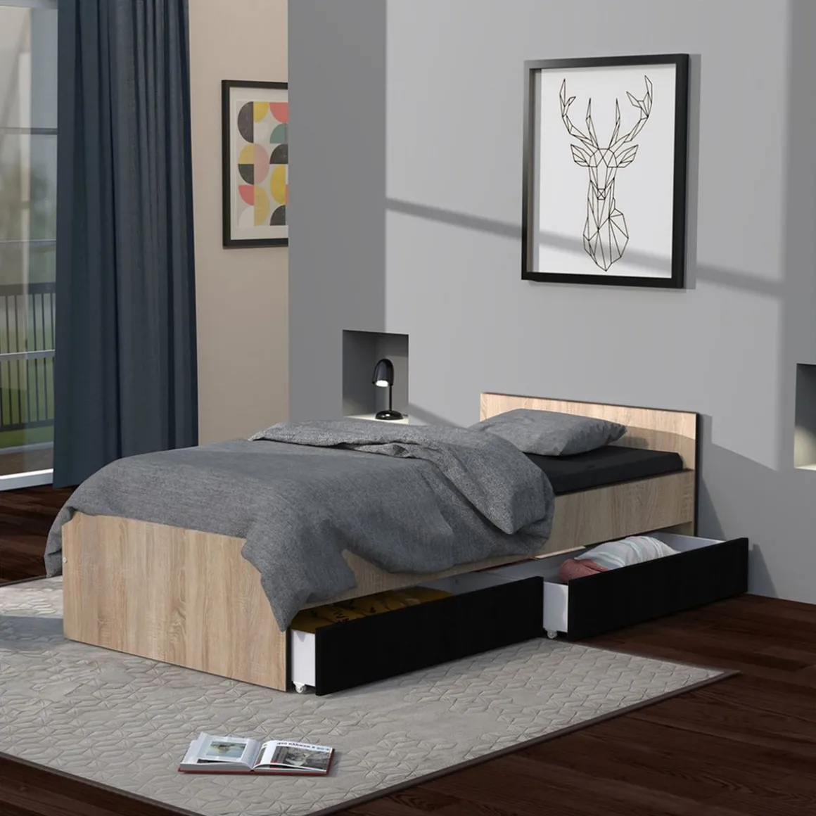 Lit avec rangements 90x190 cm, 2 tiroirs et tête de lit CAMA