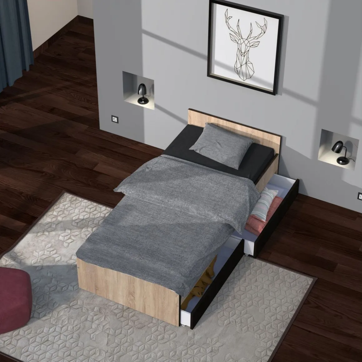 Lit avec rangements 90x190 cm, 2 tiroirs et tête de lit CAMA