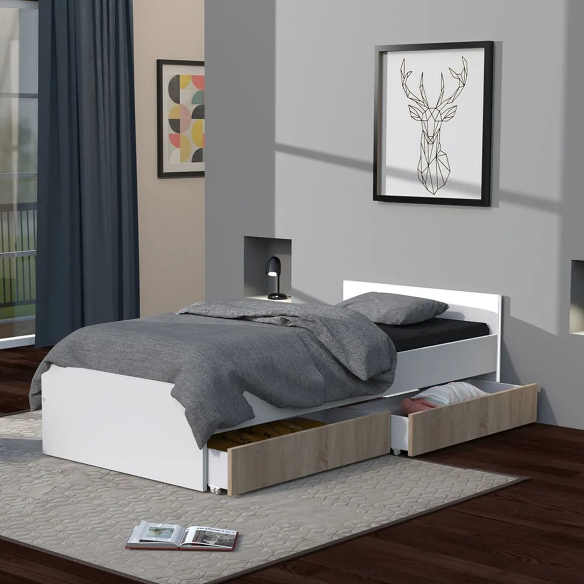 Lit avec rangements 90x190 cm, 2 tiroirs et tête de lit CAMA