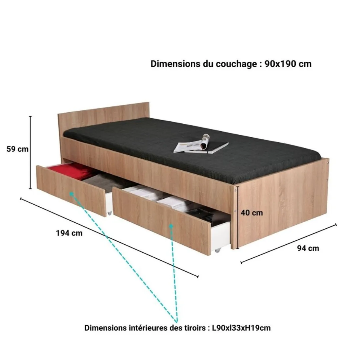 Lit avec rangements 90x190 cm, 2 tiroirs et tête de lit CAMA