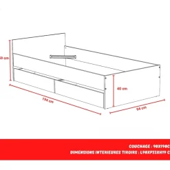 Lit avec rangements 90x190 cm, 2 tiroirs et tête de lit CAMA