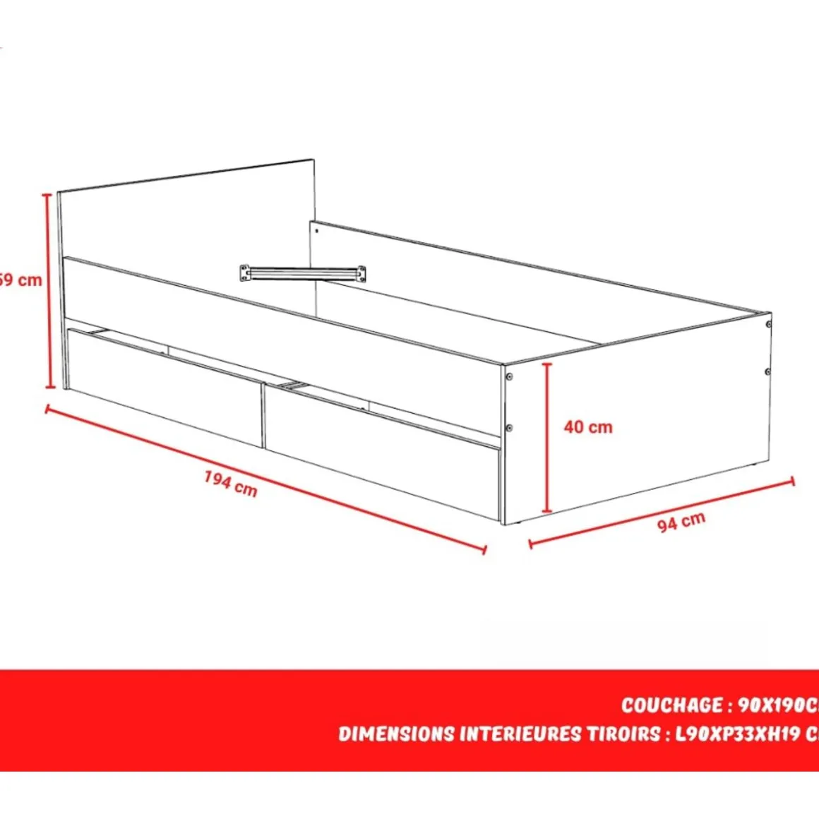 Lit avec rangements 90x190 cm, 2 tiroirs et tête de lit CAMA