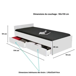 Lit avec rangements 90x190 cm, 2 tiroirs et tête de lit CAMA