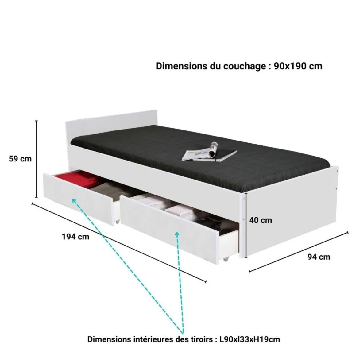 Lit avec rangements 90x190 cm, 2 tiroirs et tête de lit CAMA