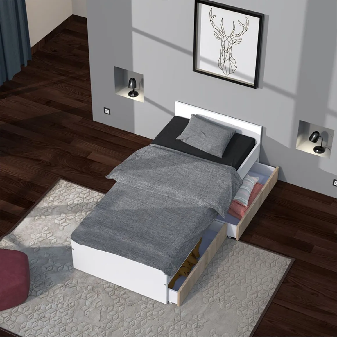 Lit avec rangements 90x190 cm, 2 tiroirs et tête de lit CAMA