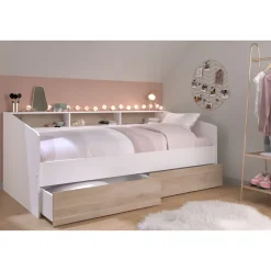 Lit banquette 90x190/200cm avec fonds de niche réversibles Blanc / Chêne NIGHT