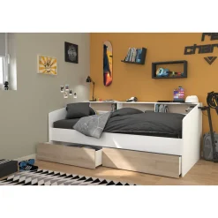 Lit banquette 90x190/200cm avec fonds de niche réversibles Blanc / Chêne NIGHT