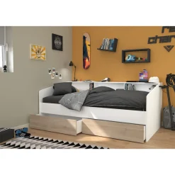 Lit banquette 90x190/200cm avec fonds de niche réversibles Blanc / Chêne NIGHT