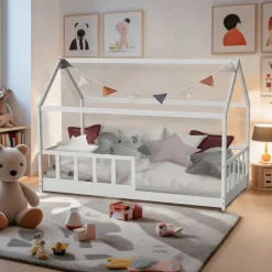 Lit cabane 90 x 190 cm + sommier + barrière TIKI