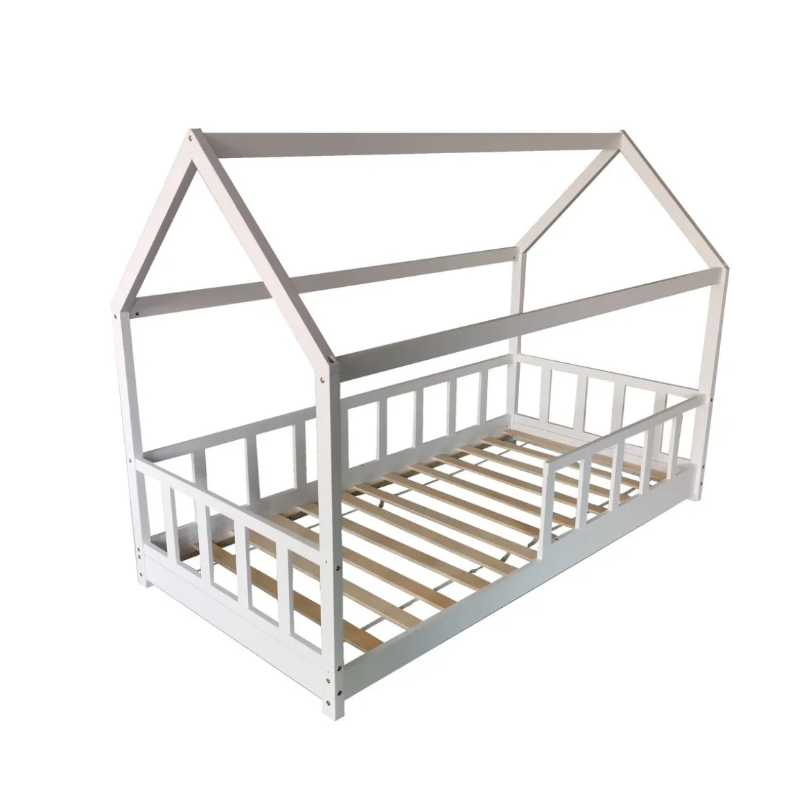 Lit cabane 90 x 190 cm + sommier + barrière TIKI